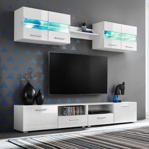 Set comoda TV de perete, 5 piese, lumini LED, alb lucios, sol-246027