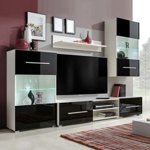 Set mobilier comoda TV de perete, 5 piese, iluminare LED, negru, sol-243864