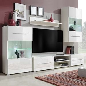 Set mobilier comoda TV de perete, 5 piese, iluminare LED, alb, sol-243863