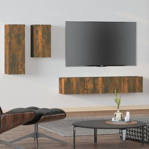 Set dulap TV, 4 piese, stejar fumuriu, lemn prelucrat, sol-3114627