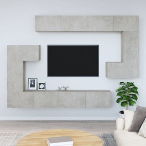 Dulap TV montat pe perete, gri beton, lemn prelucrat