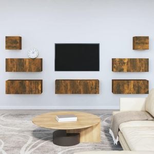 Set dulap TV, 7 piese, stejar fumuriu, lemn prelucrat, sol-3114547
