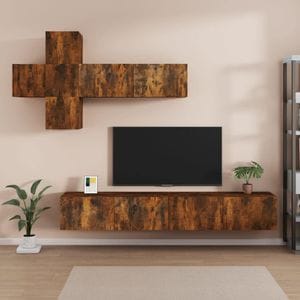 Set dulapuri TV, 7 piese, stejar fumuriu, lemn prelucrat, sol-3114523