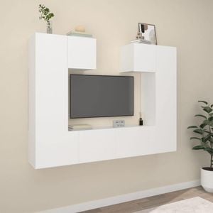 Set comoda TV, 6 piese, alb, lemn prelucrat, sol-3114454