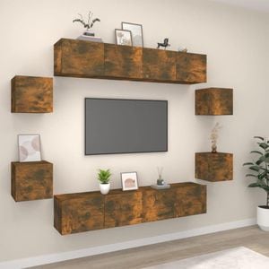 Set dulap TV, 8 piese, stejar fumuriu, lemn prelucrat, sol-3114219