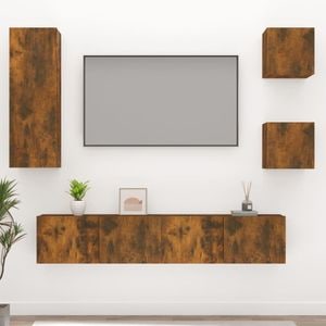 Set dulap TV, 5 piese, stejar fumuriu, lemn prelucrat, sol-3114443