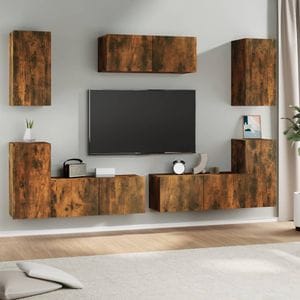 Set comoda TV, 7 piese, stejar fumuriu, lemn compozit, sol-3114307