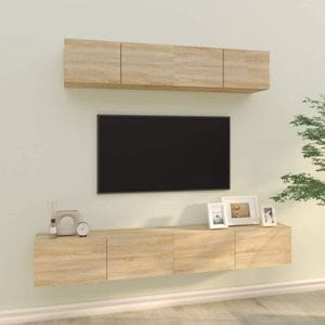 Set comoda TV, 4 piese, stejar sonoma, lemn prelucrat, sol-3114528