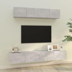 Set comoda TV, 4 piese, gri beton, lemn prelucrat, sol-3114537