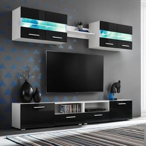 Mobilier sufragerie, spatiu TV 5 piese, lumini LED Negru lucios, sol-246028