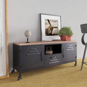 Comoda TV, negru, 110x30x43 cm, fier si lemn masiv de brad, sol-340766