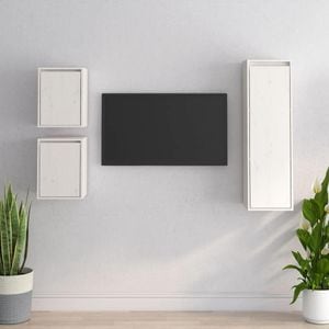 Comode TV, 3 buc., alb, lemn masiv de pin, sol-3100165