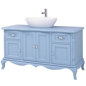 Mobilier baie chic cu 4 usi si 2 sertare pentru lavoar suprapusa, culoare albastru P053, vopsit, 100% lemn masiv