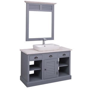 Dulap baie cu 1 usa lamelara, sertare pe sine + oglinda, culoare top gri P080, culoare corp albastru deschis P042,  dublu color, 100% lemn masiv