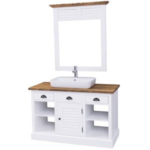 Dulap baie cu 1 usa lamelara, sertare pe sine + oglinda, culoare top maro P064, culoare corp alb P004, dublu color, 100% lemn masiv
