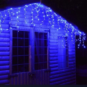 Instalatie Craciun Turturi SIKS, Ghirlanda curgatoare, 10 m, 250 Led-uri, 8 jocuri de lumini, Franjuri, Exterior/Interior, Fir Alb, Interconectabila, Albastru