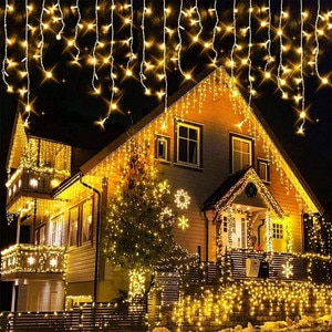 Instalatie Craciun Turturi SIKS, Ghirlanda Curgatoare, 12 m, 300 LED-uri, 8 Jocuri de Lumini, Franjuri, Exterior/Interior, Fir Alb, Interconectabila, Alb Cald