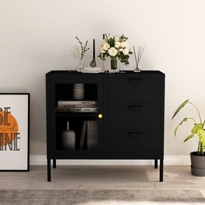 Servanta, negru, 75x35x70 cm, otel si sticla securizata