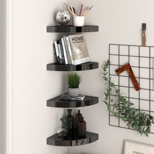 Rafturi de colt, 4 buc., negru extralucios, 25x25x3,8 cm, MDF