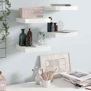 Rafturi de perete, 4 buc., alb extralucios, 23x23,5x3,8 cm, MDF
