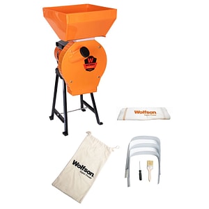 Moara pentru cereale WOLFSON cu suport metalic 2 in 1, 2.7KW, 100% CUPRU, 200kg/ora, pentru macinat cereale, uruiala, porumb boabe, stiuleti, coceni, butuc cu 20 ciocanele, 4 site,  1 sac textil, 1 perie, 1 surubelnita