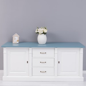 Bufet Directoire, 2 usi, lemn masiv, 179 x 51 x 78 cm, alb-albastru
