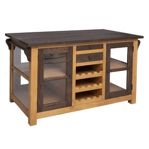 Insula de bucatarie cu usi si compartiment pentru sticle, culoare top, sertare si usii maro inchis P062, culoare corp natur P002, dublu color, 100% lemn masiv