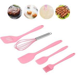 Set 5 Ustensile de Bucatarie SIKS din Silicon Termorezistent, Tel, Pensula, Spatula Mare, Spatula Mica, Paleta, Roz