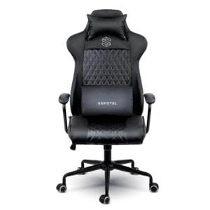 Scaun de birou DacEnergy, din piele ecologica matlasata, baza metalica, 2 perne, inaltime reglabila, functia de balansare SoftSwing, ergonomic, negru