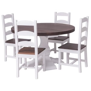 Masa cu picior central, colonial cu 4 scaune, 130cm, culoare top maro inchis P081, culoare corp alb P004, dublu color, 100% lemn masiv (TopP081_P004)