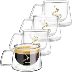 Set 4 cesti cafea, Quasar & Co., 200 ml, din sticla cu pereti dubli, termorezistenta, mesaj COFFEE, d 7.8 x h 7 cm