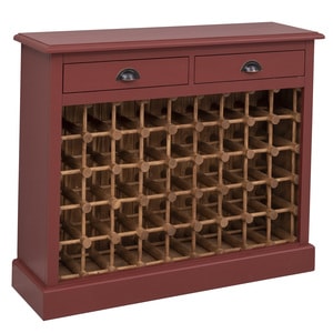 Suport sticle vin cu 2 sertare pe sine, lemn masiv, 110 x 34 x 90 cm, rosu