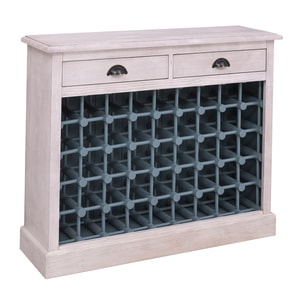 Suport sticle vin cu 2 sertare, lemn masiv, 110 x 34 x 90 cm, alb-albastru