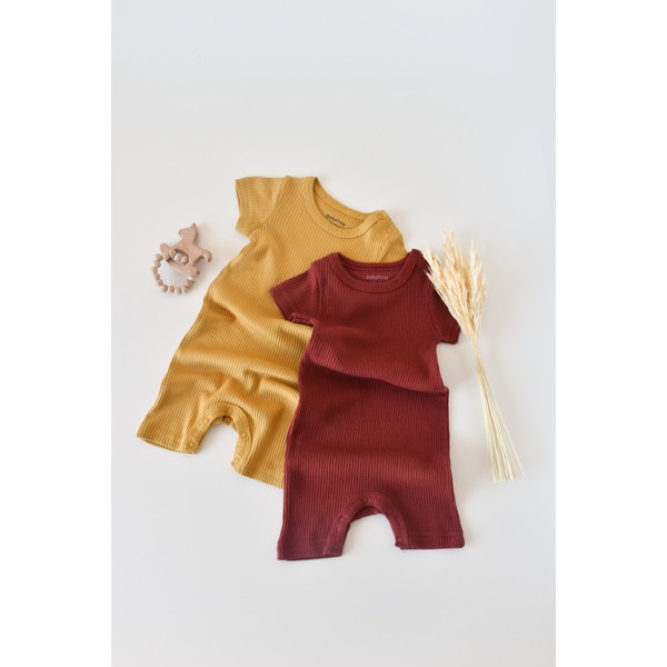 Set de 2 salopetele cu maneca scurta din bumbac organic si modal - Caramiziu/ Sofran (Marime: 18-24 Luni)