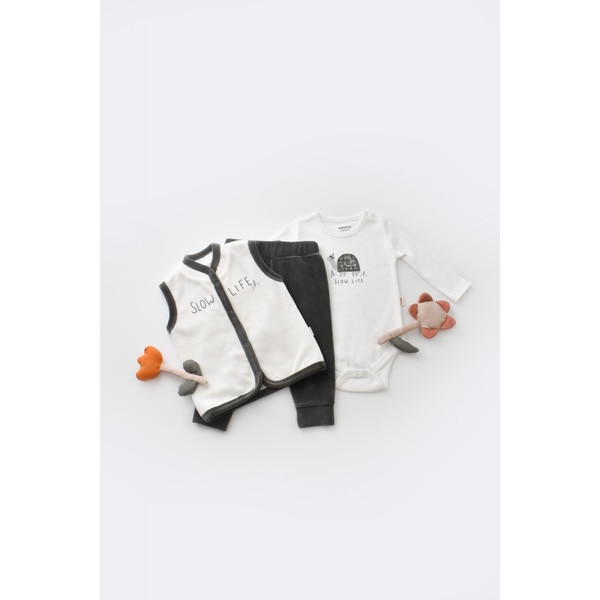Set 3 piese Baby Cosy broscuta cu body, pantalonasi si vestuta, 80% bumbac organic si 20% poliester, antracit, marime 9-12 luni