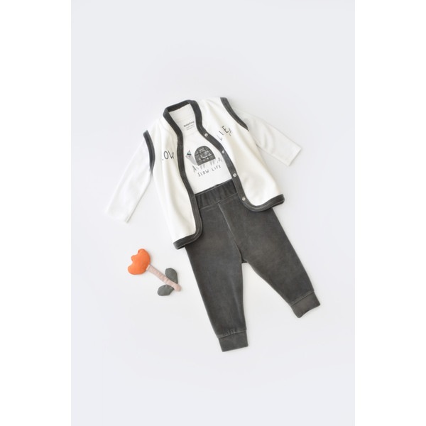 Set 3 piese Baby Cosy broscuta cu body, pantalonasi si vestuta, 80% bumbac organic si 20% poliester, antracit, marime 12-18 luni