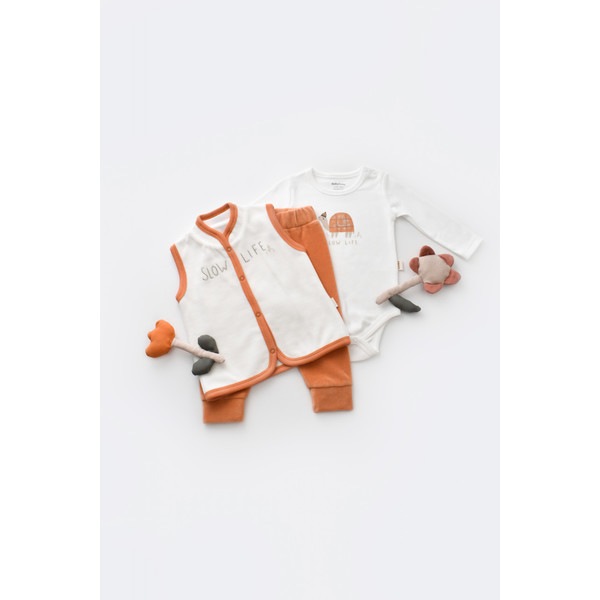 Set 3 piese Baby Cosy broscuta cu body, pantalonasi si vestuta, 80% bumbac organic si 20% poliester, portocaliu, marime 18-24 luni