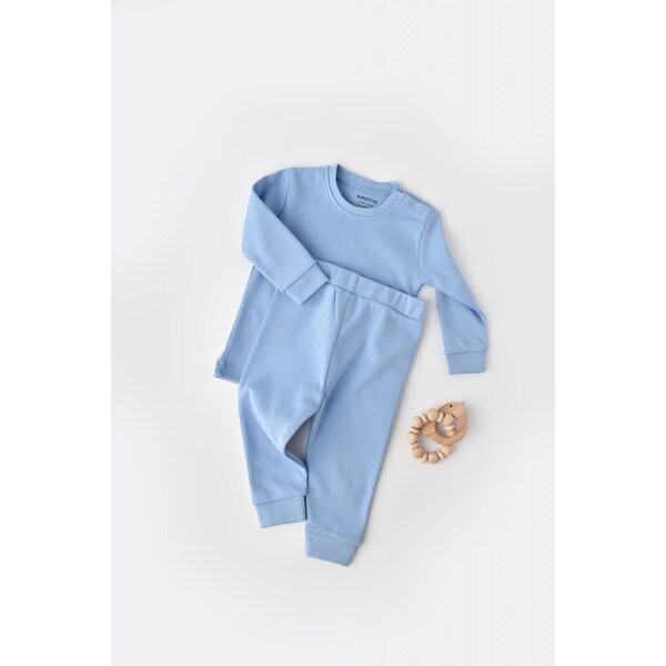 Set bluzita cu maneca lunga si panataloni lungi - bumbac organic 100% - Bleu, Baby Cosy (Marime: 6-9 luni)