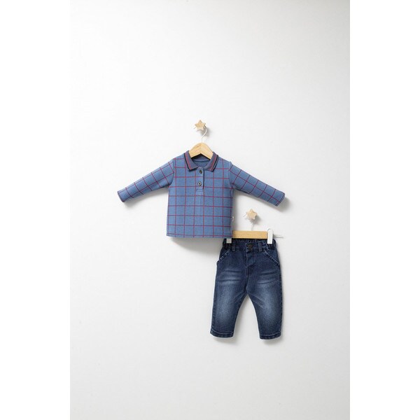 Set 2 piese cu bluzita si pantaloni de blugi Forest pentru baietei, Tongs baby (Culoare: Albastru, Marime: 9-12 luni)