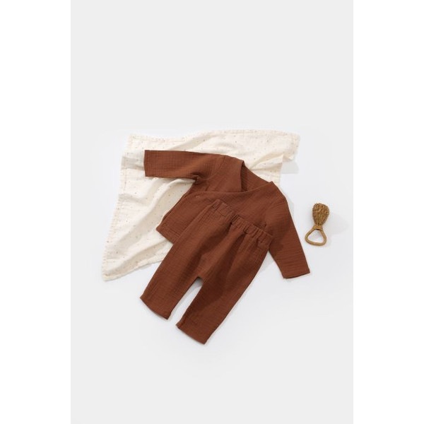 Set bluzita petrecuta si pantaloni lungi din muselina BabyCosy, 100% bumbac organic, caramiziu, 12-18 luni