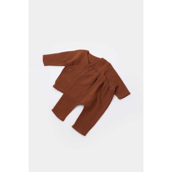 Set bluzita petrecuta si pantaloni lungi din muselina BabyCosy, 100% bumbac organic, caramiziu, 18-24 luni