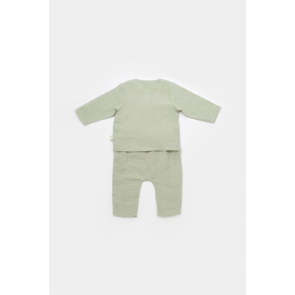 Set bluzita petrecuta si pantaloni lungi din muselina BabyCosy, 100% bumbac organic, verde, 6-9 luni