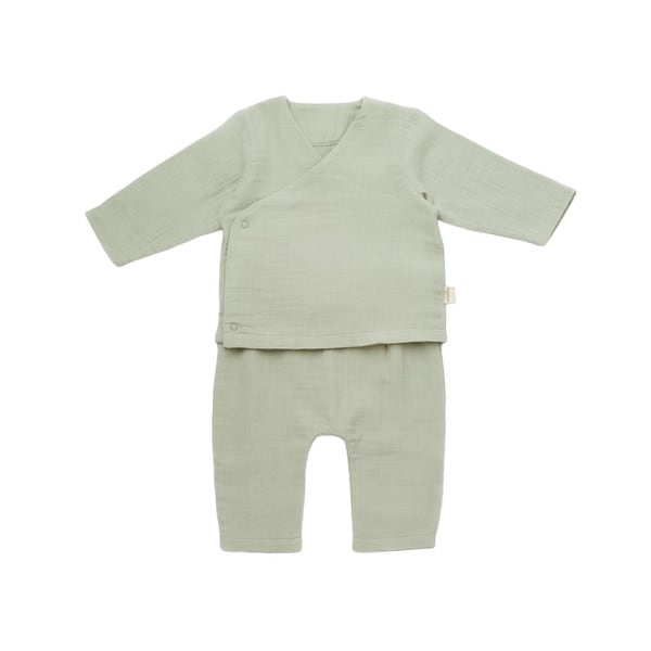 Set bluzita petrecuta si pantaloni lungi din muselina BabyCosy, 100% bumbac organic, verde, 3-6 luni