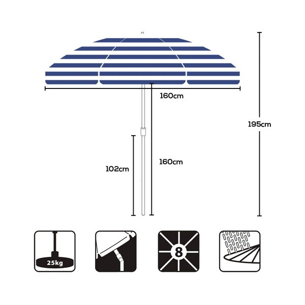 Umbrela soare rotunda, UV20+, Albastru/Alb, 160 cm