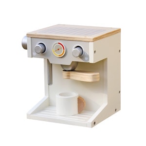 Aparat de cafea pentru copii DacEnergy, realizat din lemn, cu ceasca, 17,7 cm x 16,5 cm x 14,5 cm, argintiu si alb