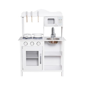 Set bucatarie copii DacEnergy, realizata din lemn si MDF, 2 oale, 3 ustensile de gatit, cuptor cu microunde, chiuveta, rafturi, 60 x30 x85 cm, alb