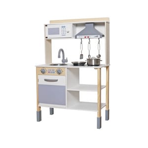 Set bucatarie copii DacEnergy, realizata din MDF si lemn, oala, tigaie, 3 ustensile de bucatarie, electrocasnice, 60 x30 x84.5 cm, alb mat si natur