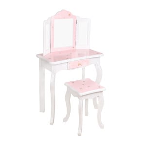 Set masa de toaleta si scaun pentru machiaj pentru copii DacEnergy, fabricat din MDF si lemn, cu sertare, cu oglinda, 29 x98 x60 cm, alb si roz, cu stelute