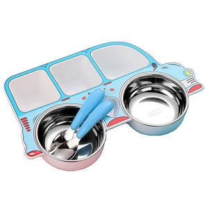 Set diversificare copii forma autobuz, farfurie compartimentata inox, tacamuri lingura si furculita, albastru, MEDILOGIC