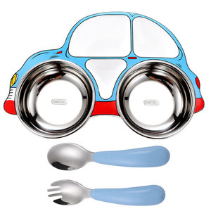 Set diversificare copii forma masina, farfurie compartimentata inox, tacamuri lingura si furculita, albastru, MEDILOGIC